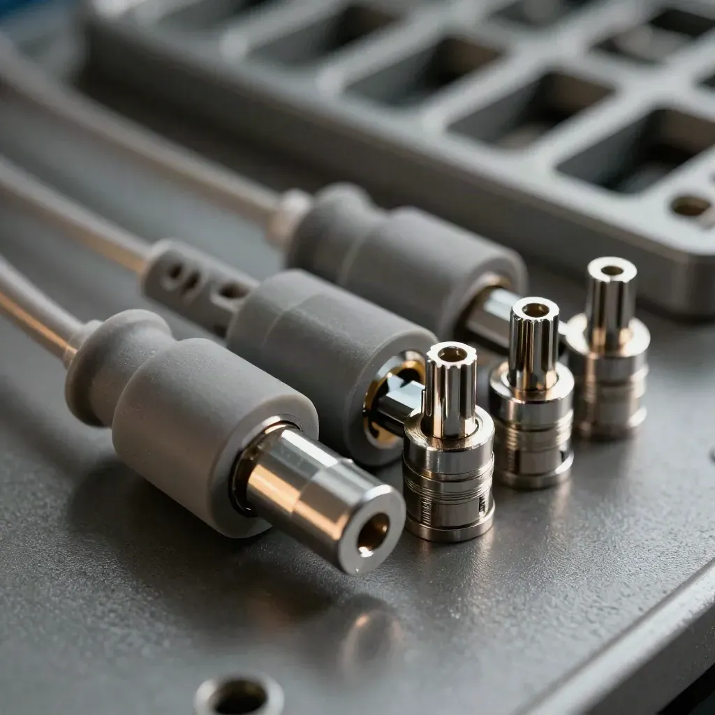 Ferrule gentian optik dan penutup debu pada dulang splice, gaya makro neutral.