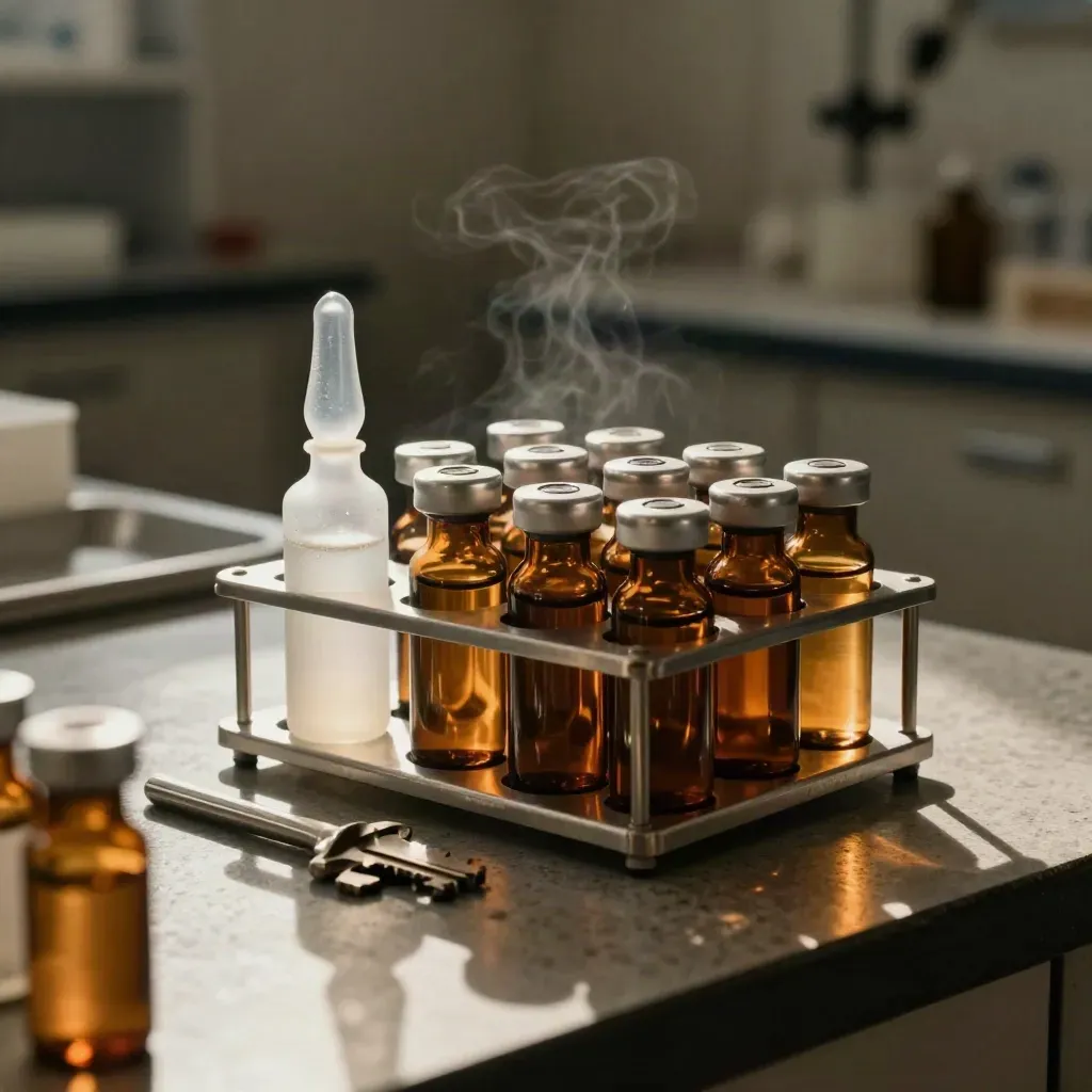 Rak vial makmal amber dengan ampul kaca berkabus di atas permukaan batu gelap.
