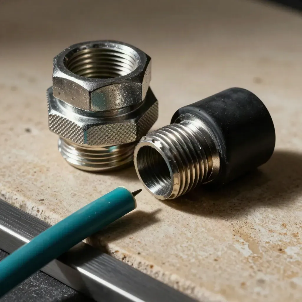 Komponen kabel industri dekat dengan getah matte dan logam, berhabuk halus di atas batu.