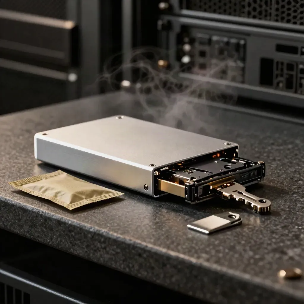 SSD terenkripsi dalam sarung aluminium bersama cradle ganti dan paket penyerap lembap di atas batu gelap.