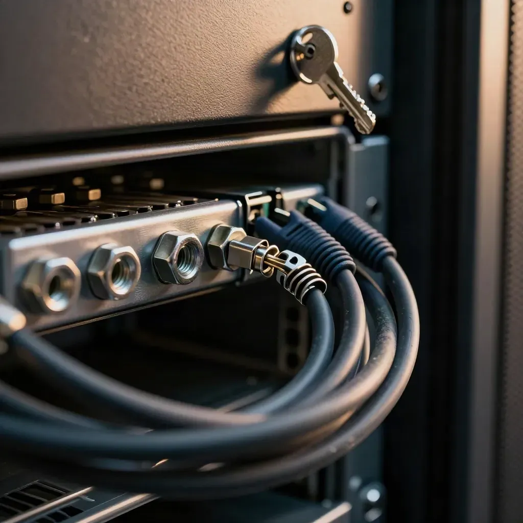 Kunci rak pelayan, cage nut, dan kabel rangkaian dalam suasana bilik server gelap.