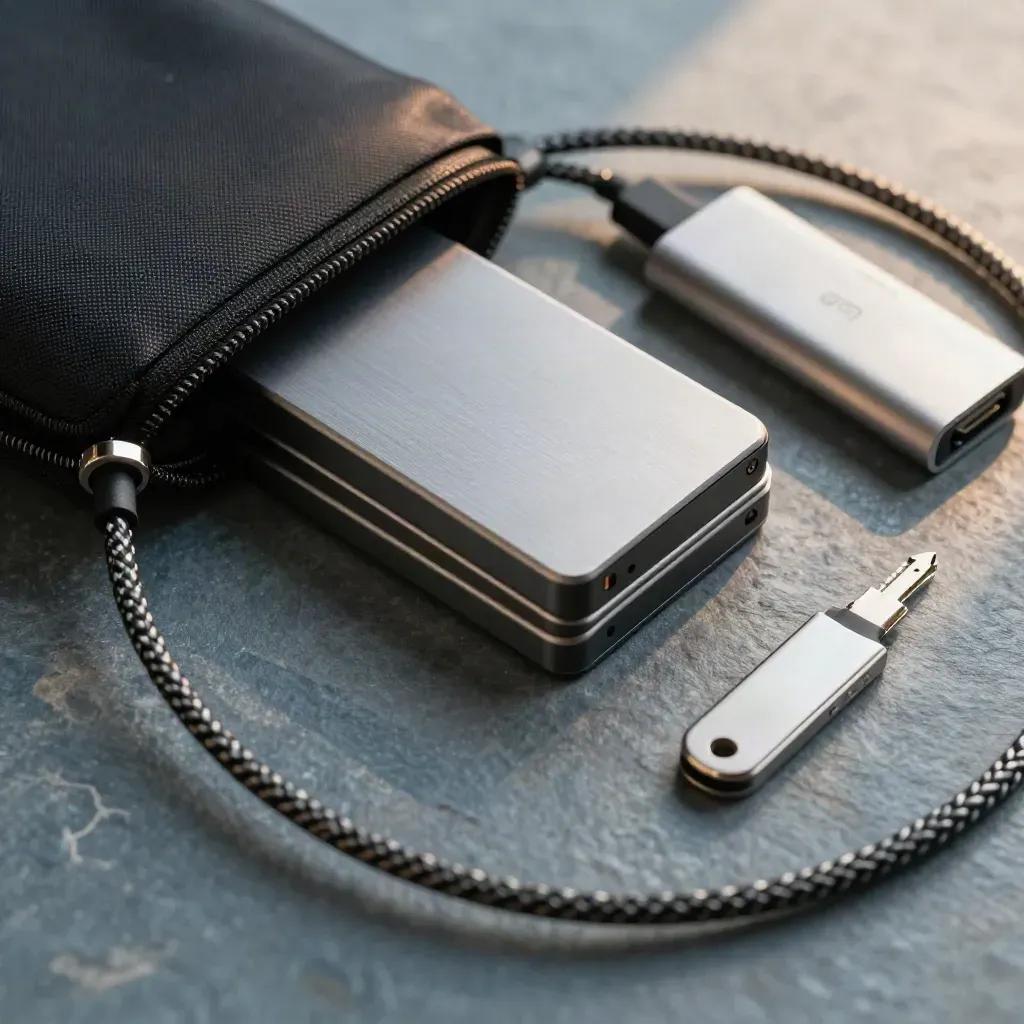 Susun atur top-down pemacu sandaran, dock USB-C dan pouch pelindung di atas batu kelabu.