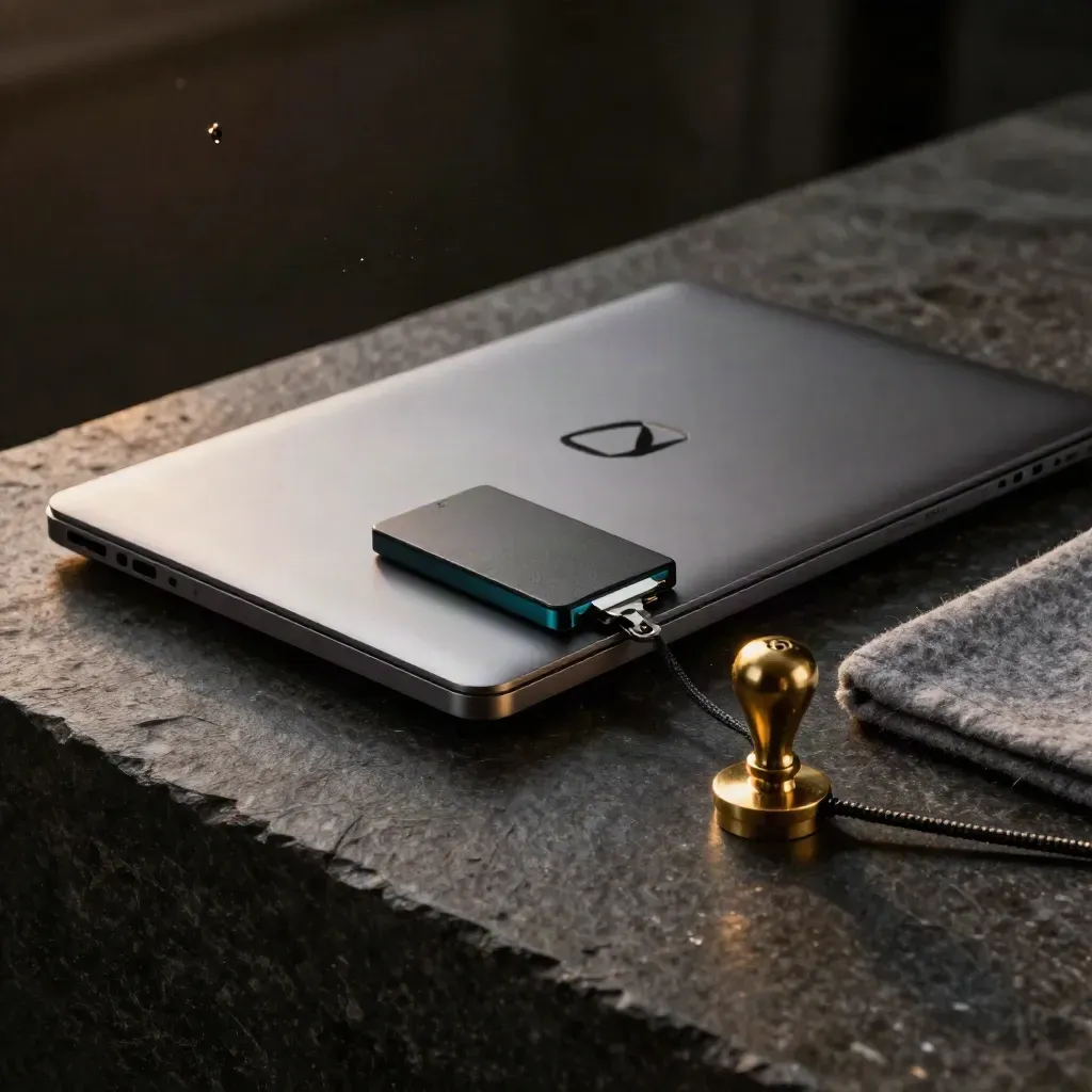 SSD dan dock aluminium dengan cap gangsa di atas batu gelap, suasana premium dan dramatik.
