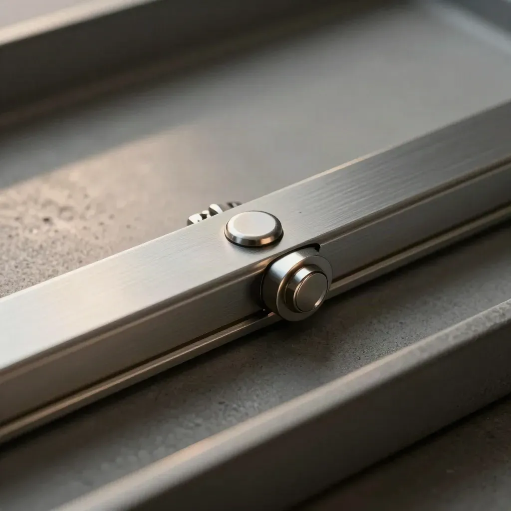 Rel aluminium, pin penjajar dan skru mikro di atas dulang grafit kelabu bertekstur.